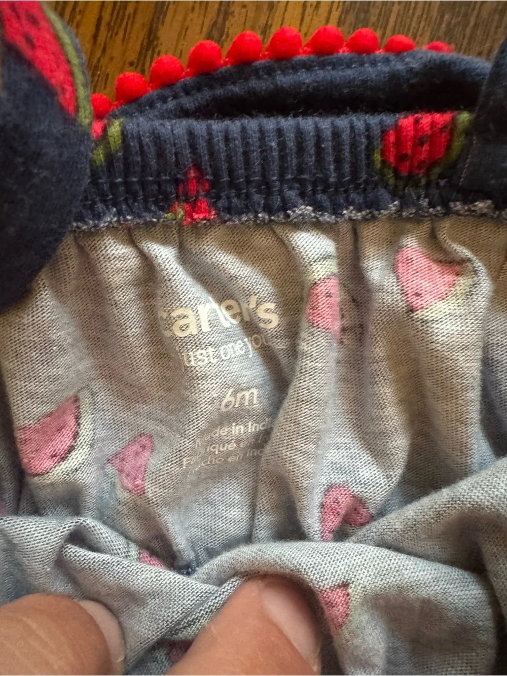 Carter's Navy Romper with Pink Watermelon Print and Red Pom Trim